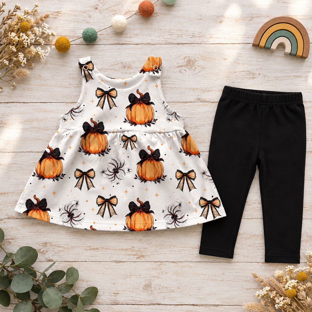 Latzkleid mit Kürbis- und Schleifenmotiv neben schwarzer Leggings