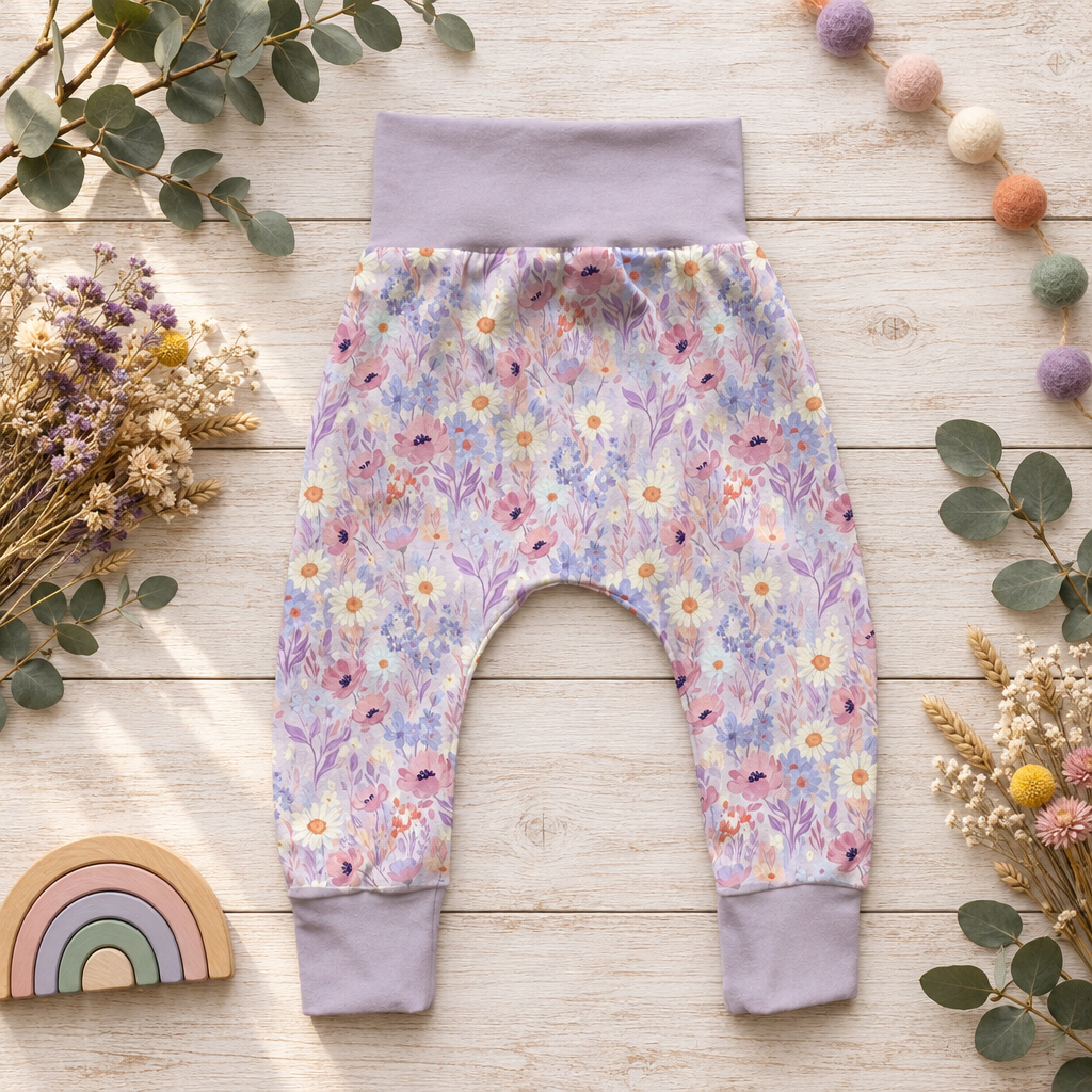 Pumphose mit zartem Blumenmuster in Flieder, Rosa und Apricot als dekoriertes Flatlay.