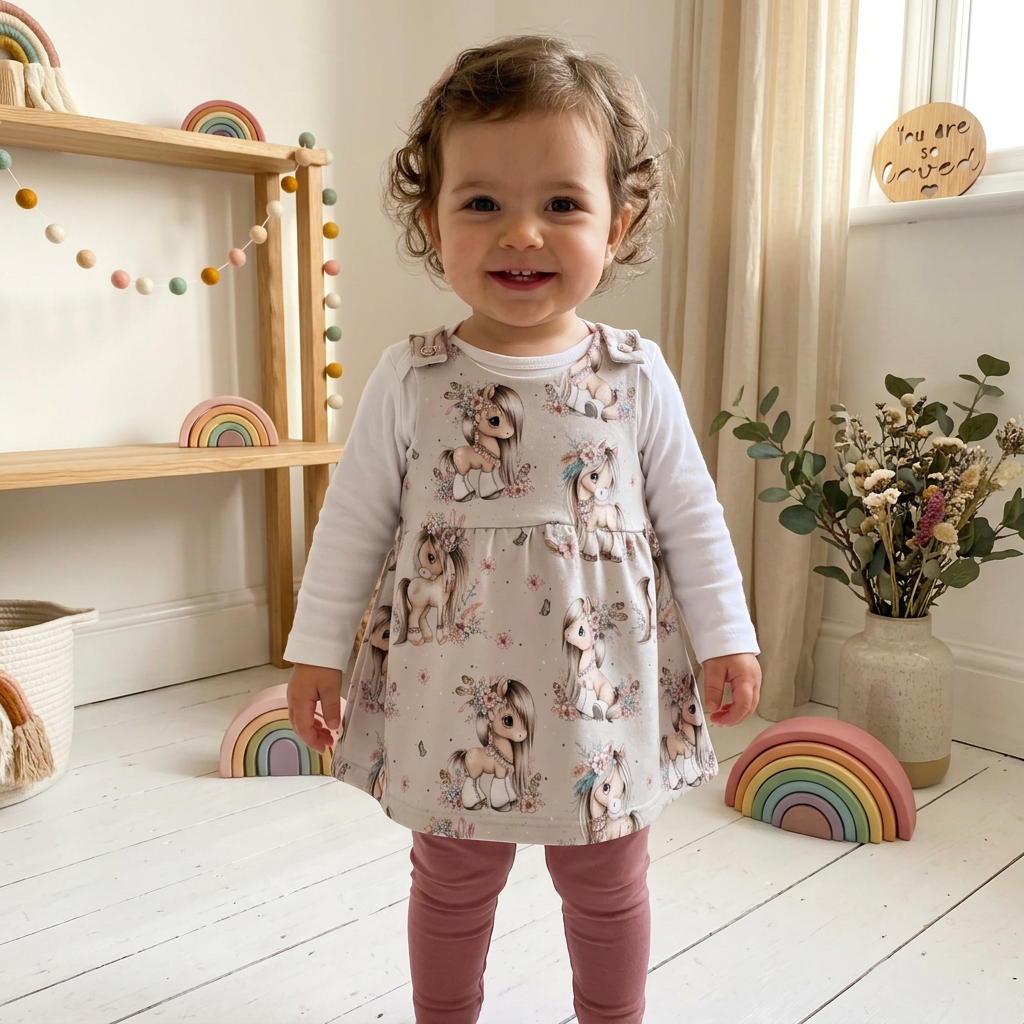 Mädchen trägt Latzkleid Pony-Blütenzauber mit weißem Body und altrosa Leggings im Boho-Hintergrund