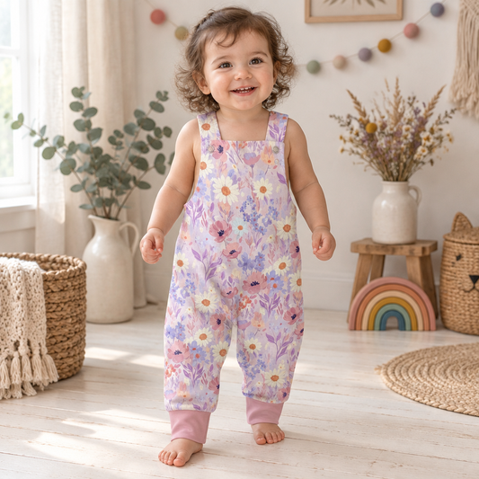 Kind trägt die Latzhose mit rosa und fliederfarbenem Blumenmuster und rosafarbenen Bündchen