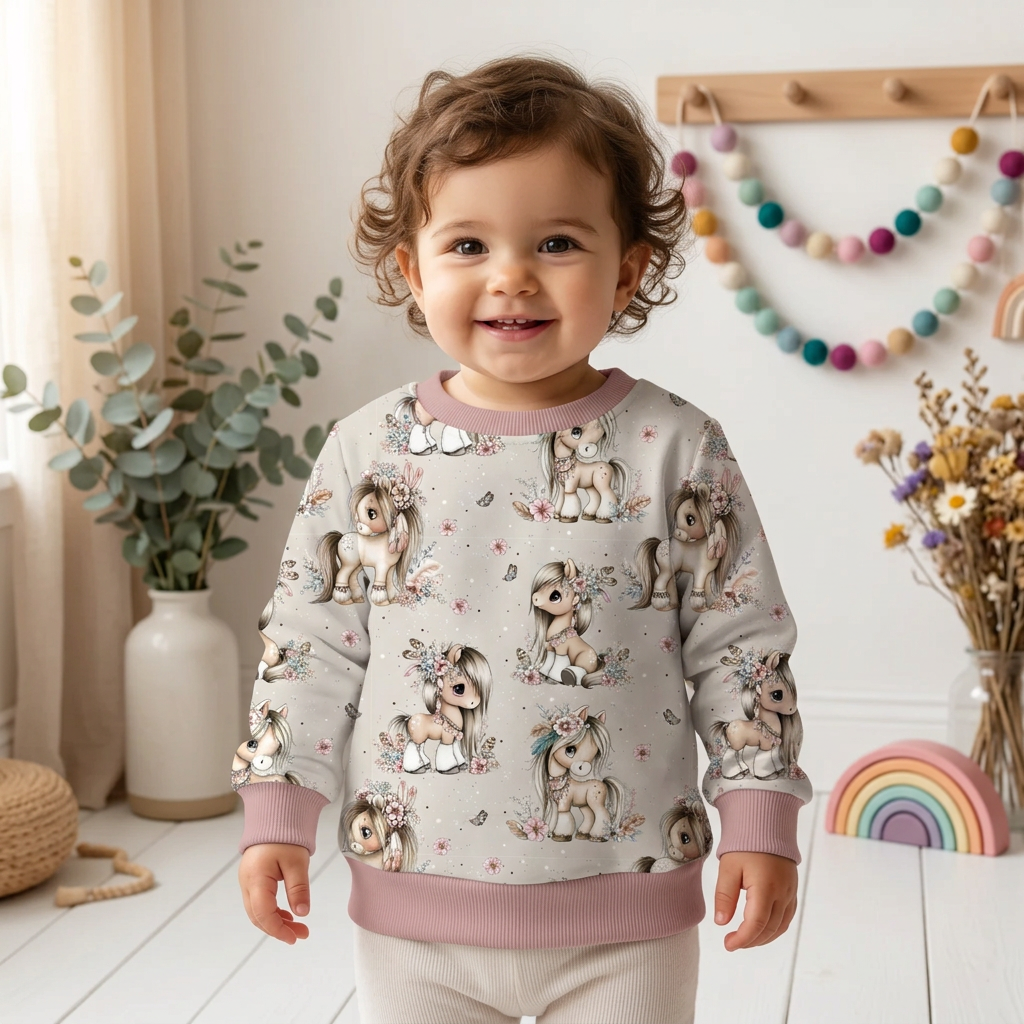 Mädchen trägt Pony-Blütenzauber mit altrosa Bündchen im dekorierten Boho-Hintergrund