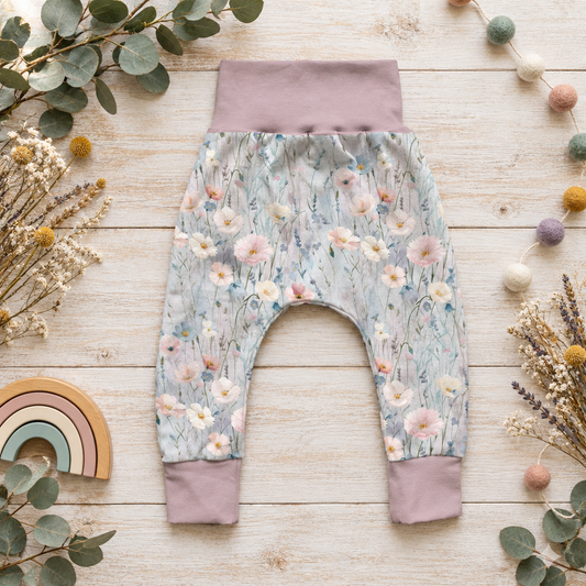 Pumphose mit zarten rosé- und fliederfarbenen Blüten und passenden altrosafarbenen Bündchen als Flatlay.