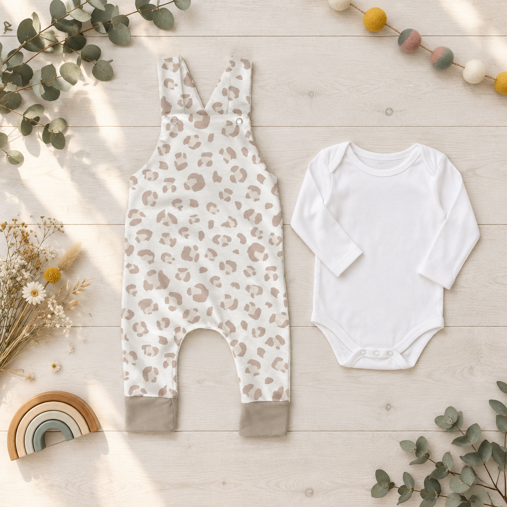 Leo-Latzhose in Creme und Taupe neben einem weißen Body