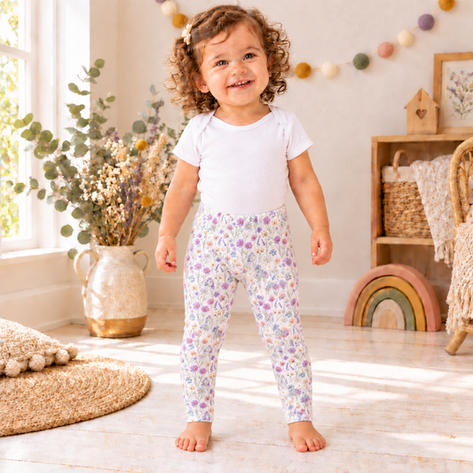 Kind trägt eine helle Leggings mit kleinen Blüten in Flieder, Lila, Rosa und Blau.