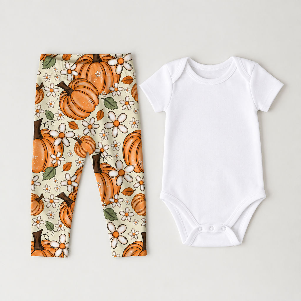 Leggings Kürbisblümchen mit weißem Body Flatlay