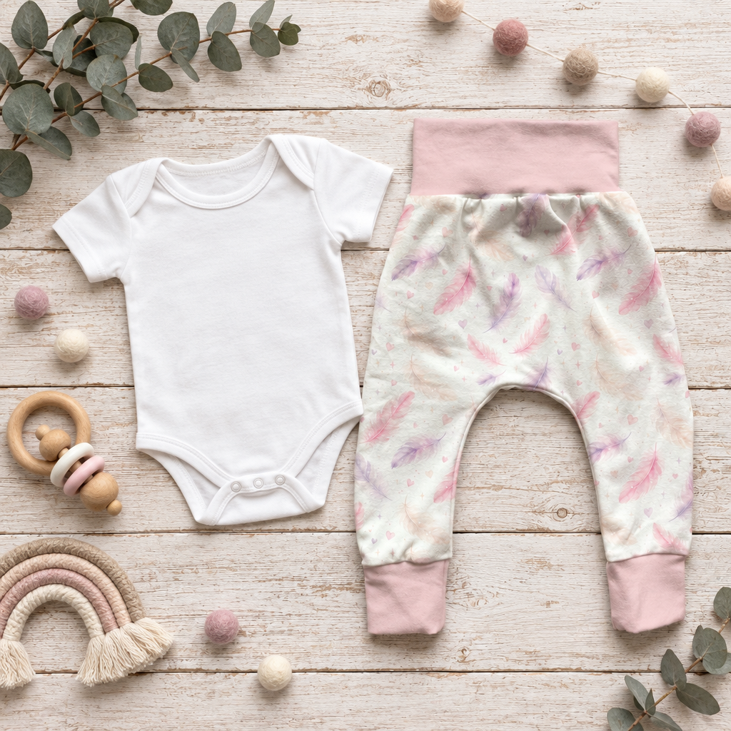 Pumphose Zarte Federn mit weißem Body Flatlay