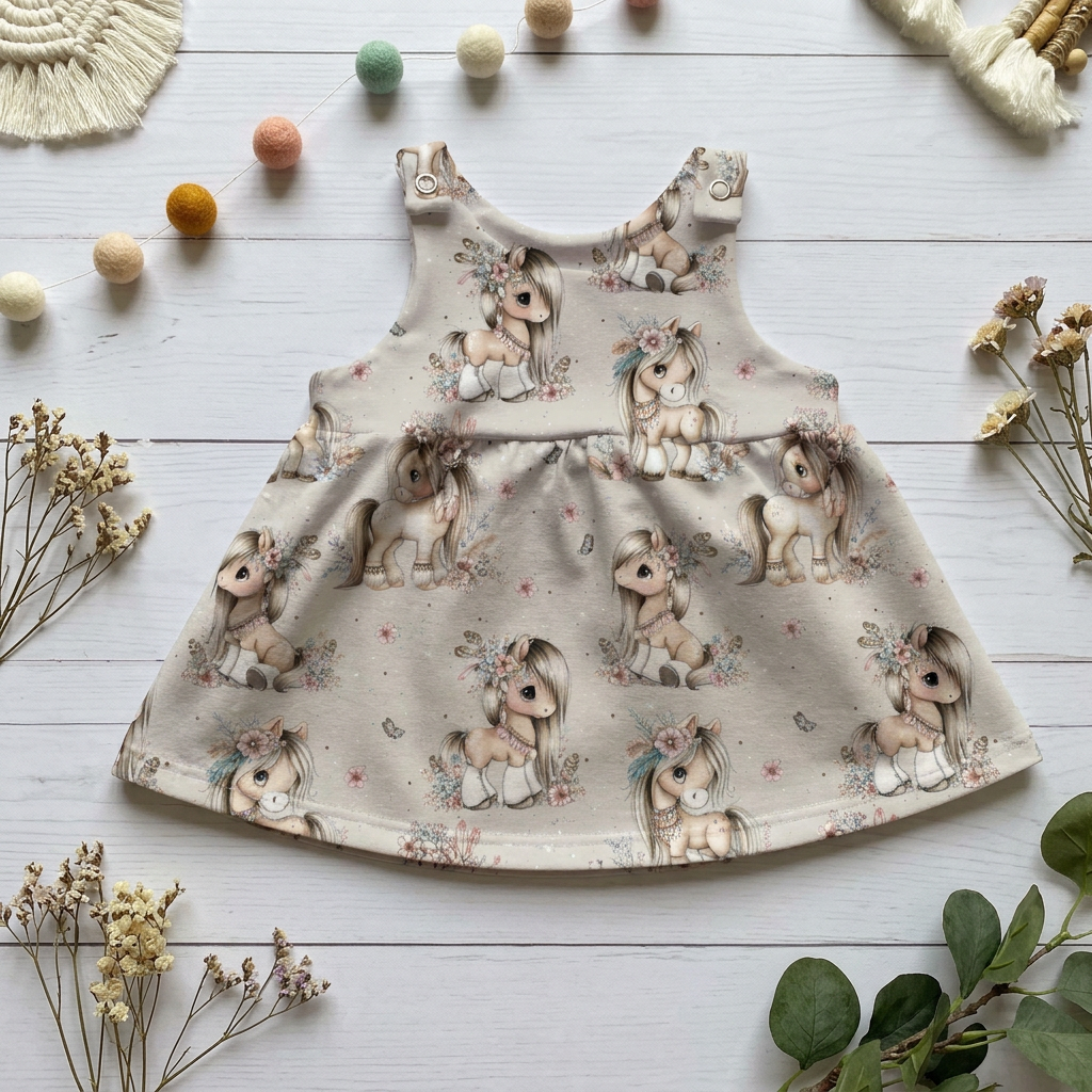 Flatlay Latzkleid Pony-Blütenzauber mit Ponys, Blumen und Schmetterlingen