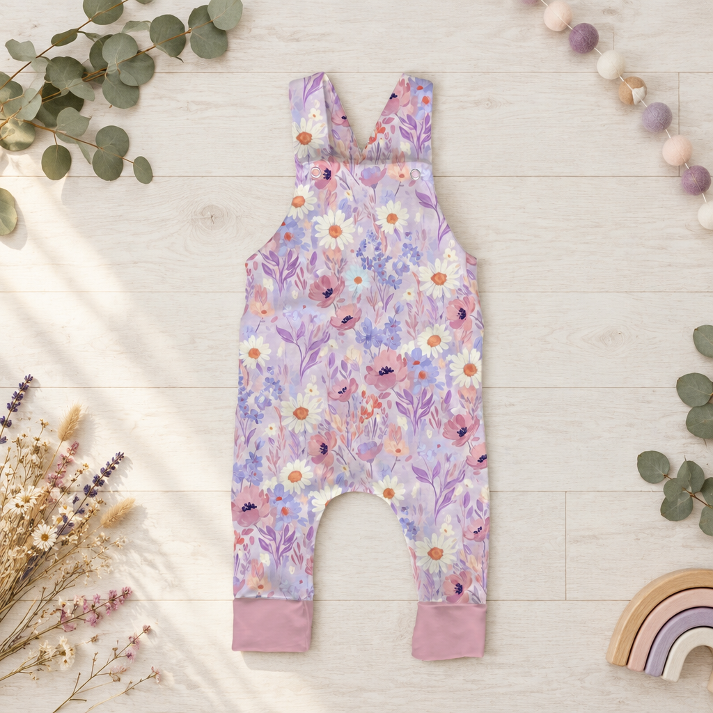 Flatlay der Latzhose mit Margeriten und rosafarbenen Bündchen