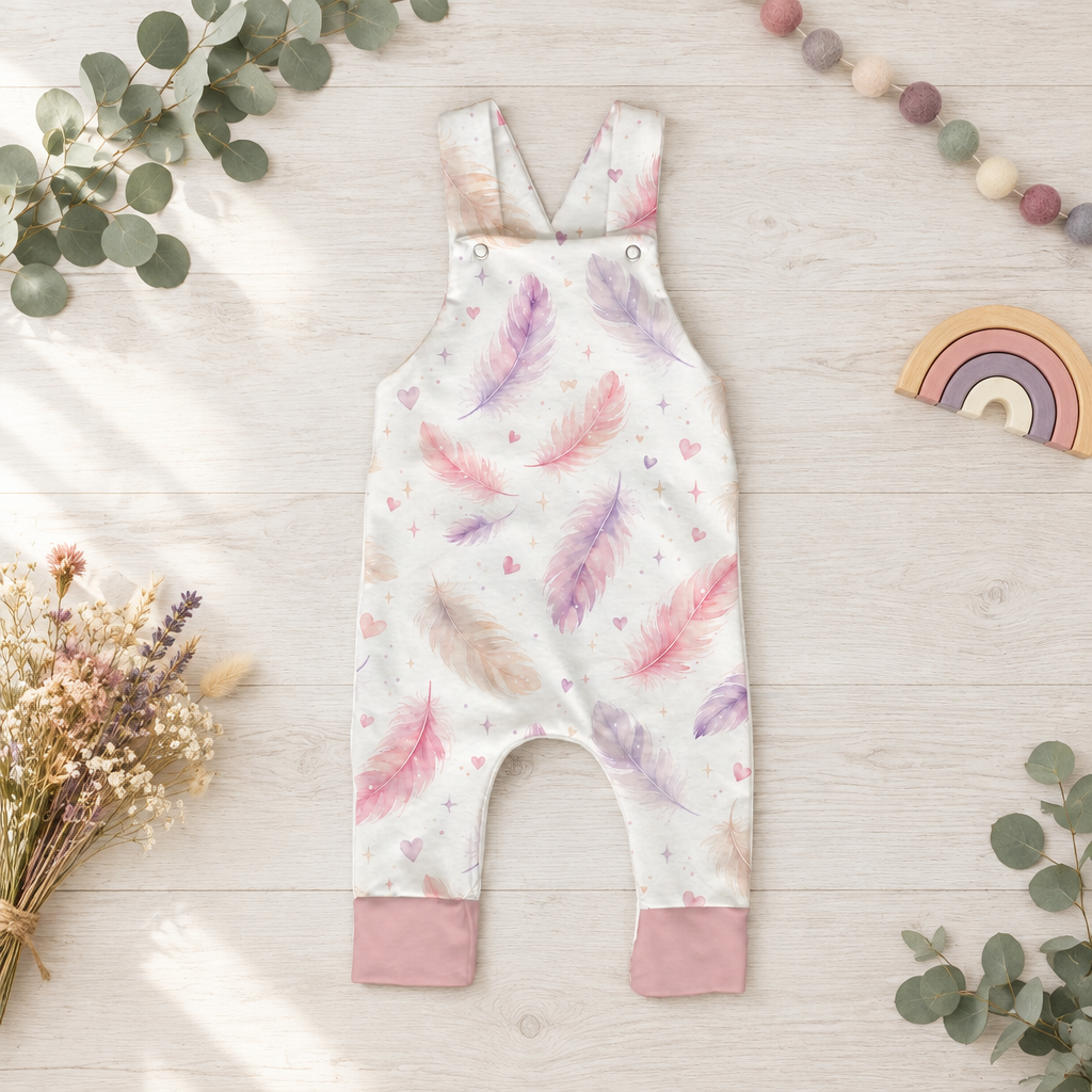 Flatlay der hellen Latzhose mit rosa und fliederfarbenem Federmuster