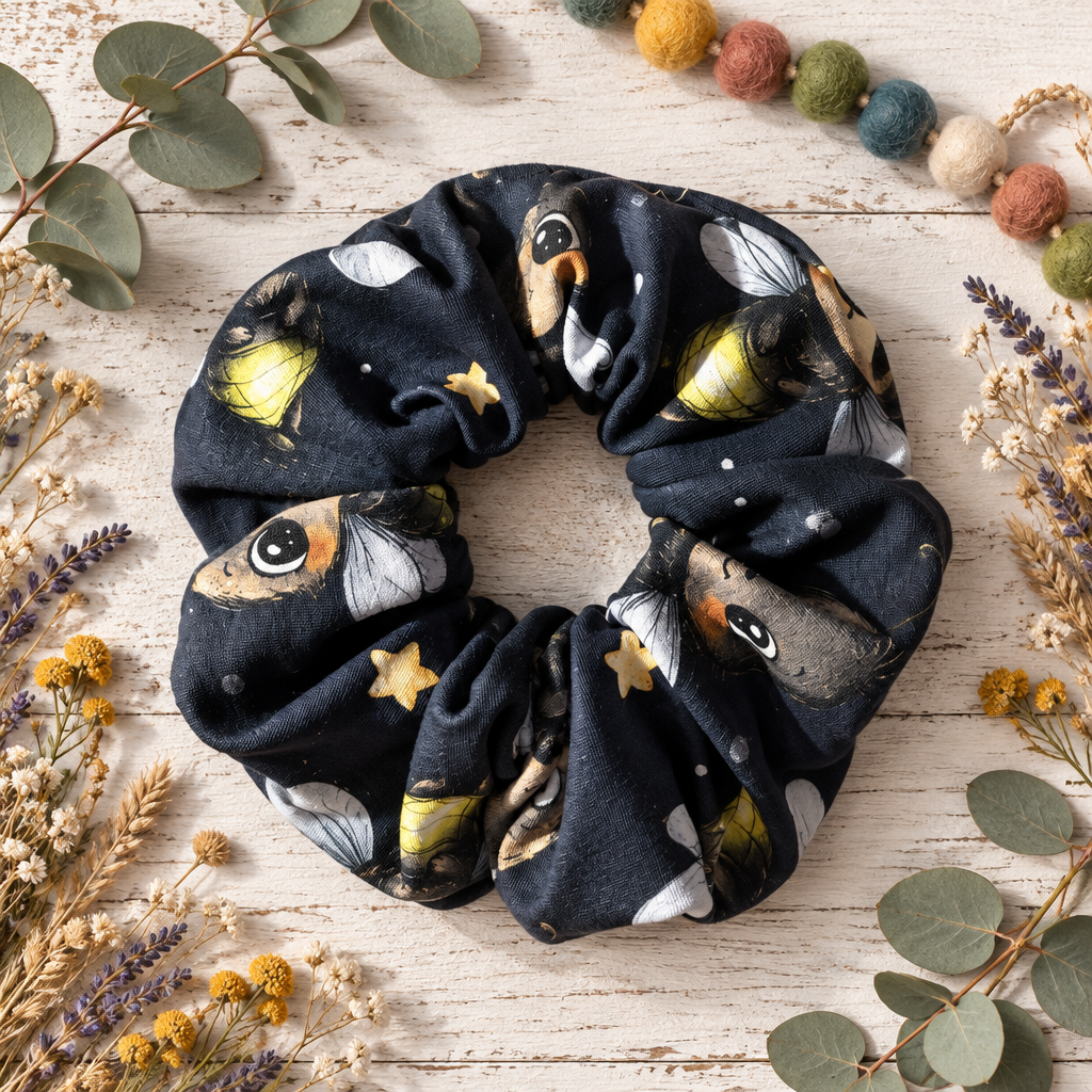 Dunkelblauer, geraffter Scrunchie mit Glühwürmchenmotiv auf hellem Holz
