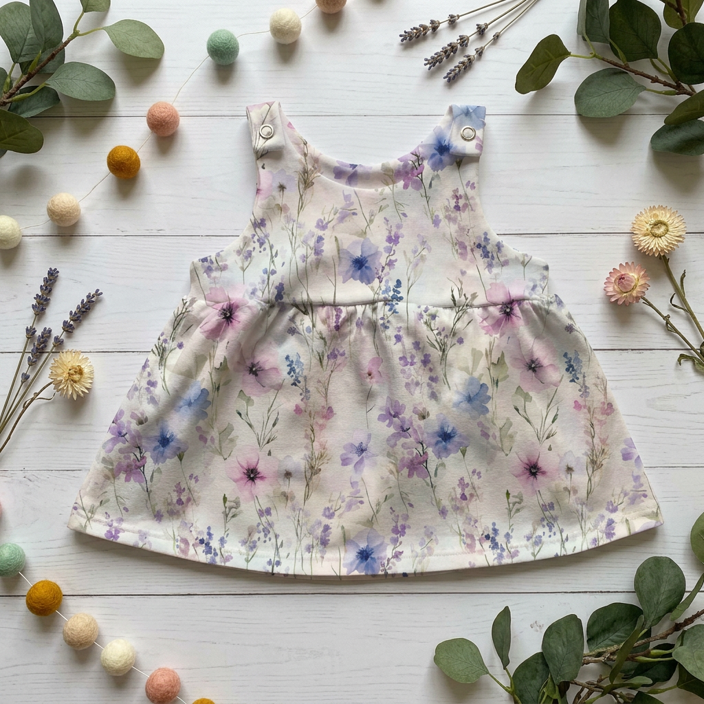Flatlay Latzkleid Zarte Blumenwiese mit rosa, fliederfarbenen und blauen Blüten auf Creme