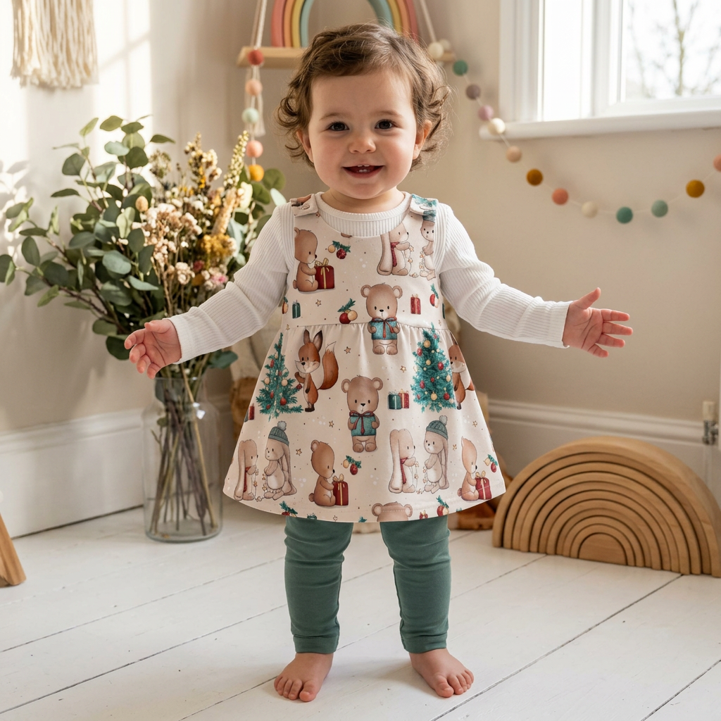 Mädchen trägt Weihnachts-Latzkleid Waldfreunde mit weißem Body und tannengrüner Leggings im Boho-Hintergrund