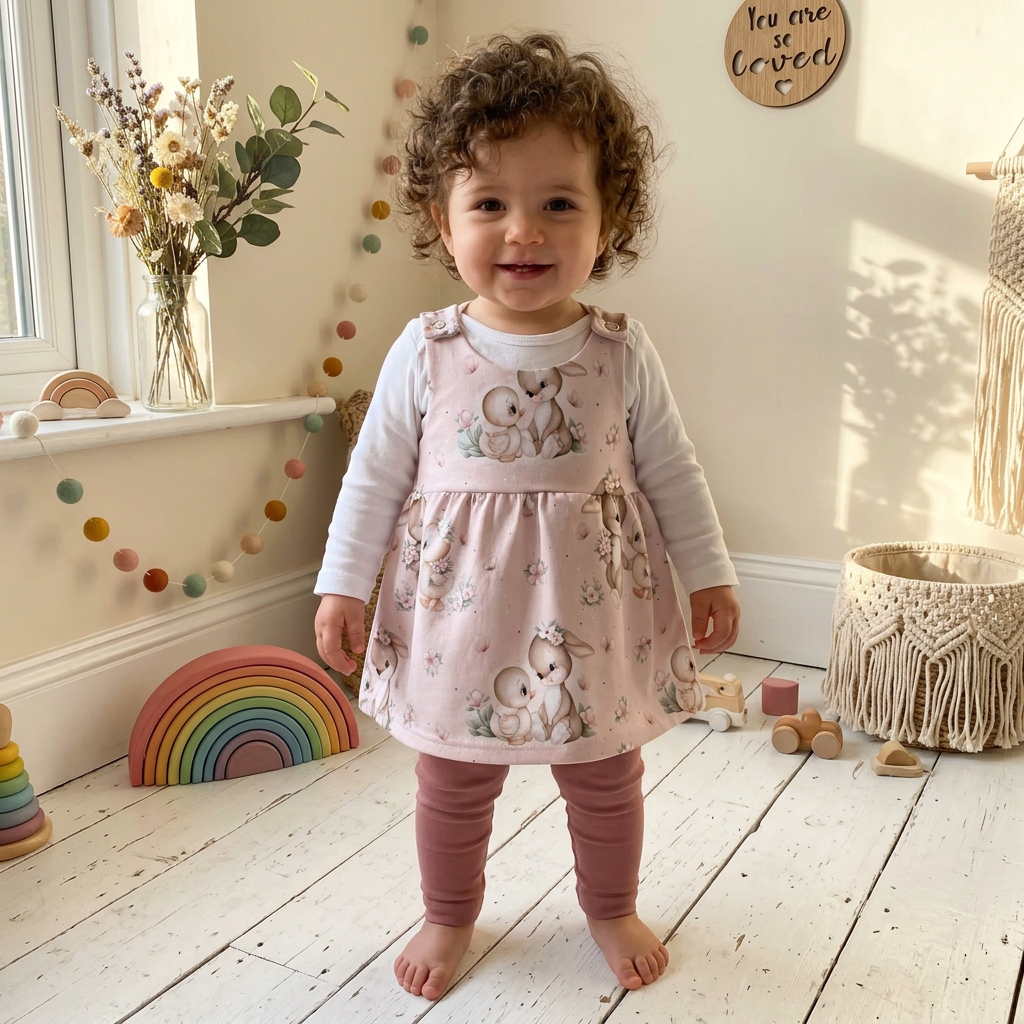 Mädchen trägt Latzkleid Häschen und Entchen mit weißem Body und altrosa Leggings im Boho-Hintergrund