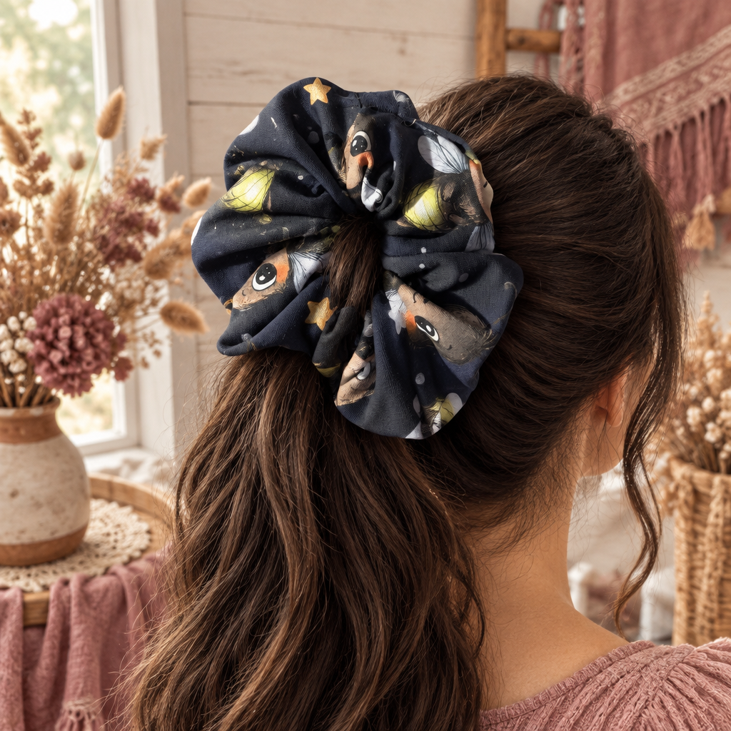 Voluminöser dunkelblauer XXL-Scrunchie mit Glühwürmchenmotiv in einem hohen Pferdeschwanz
