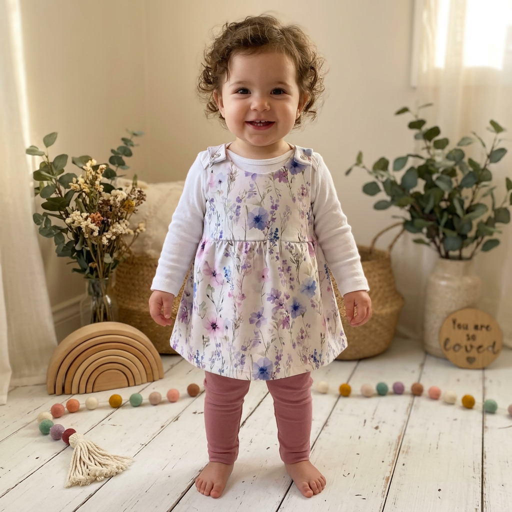 Mädchen trägt Latzkleid Zarte Blumenwiese mit weißem Body und altrosa Leggings im Boho-Hintergrund