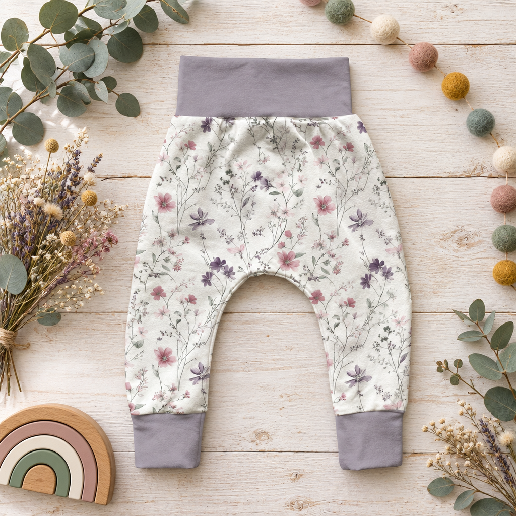Helle Pumphose mit feinen Blüten in Altrosa, Mauve und Flieder als dekoriertes Flatlay.