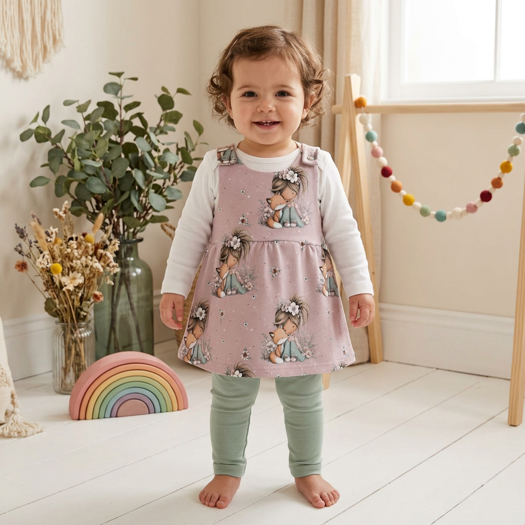 Mädchen trägt Latzkleid Mädchen und Fuchs mit weißem Body und salbeigrüner Leggings im Boho-Hintergrund