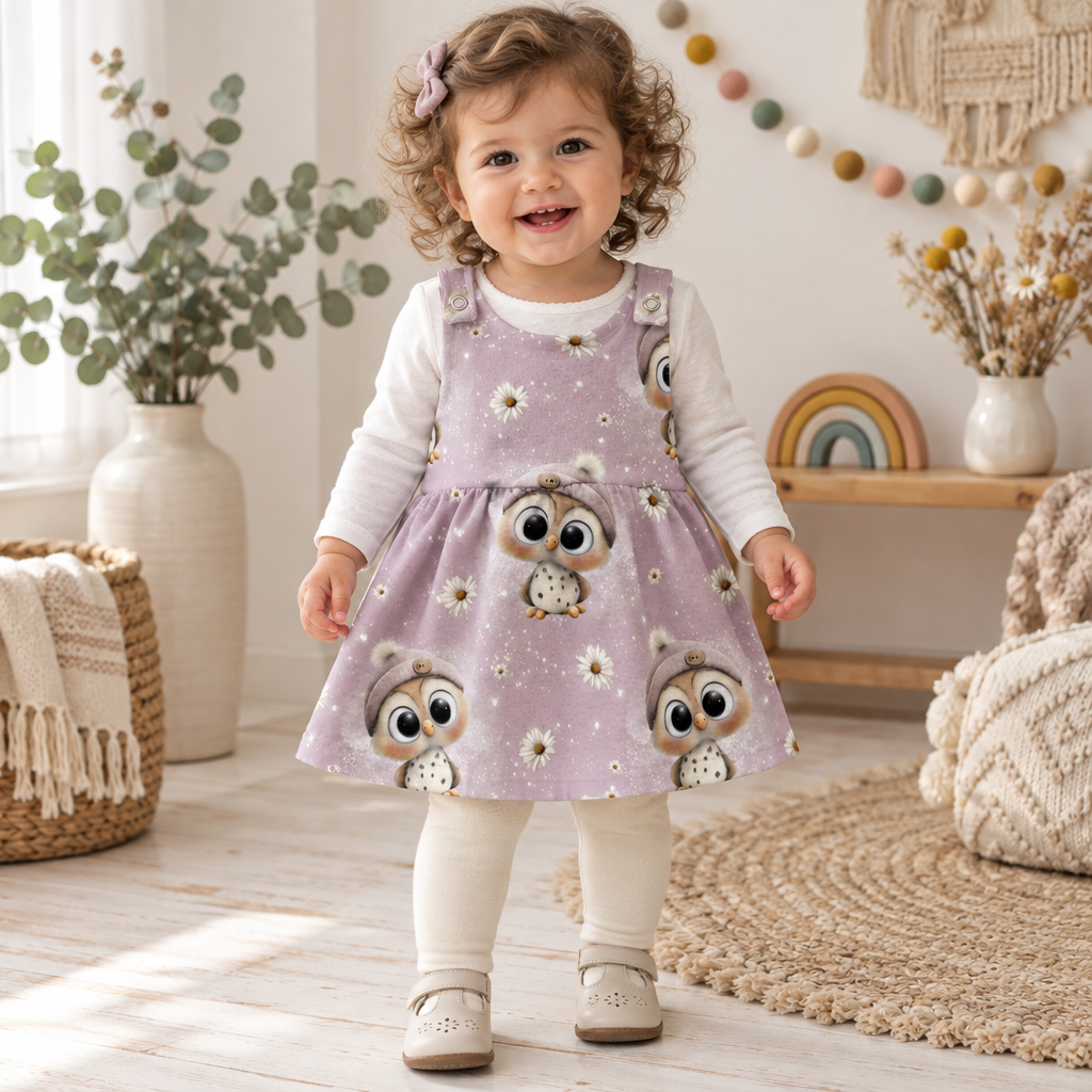 Kind trägt ein fliederfarbenes Latzkleid mit Eulen und Margeriten