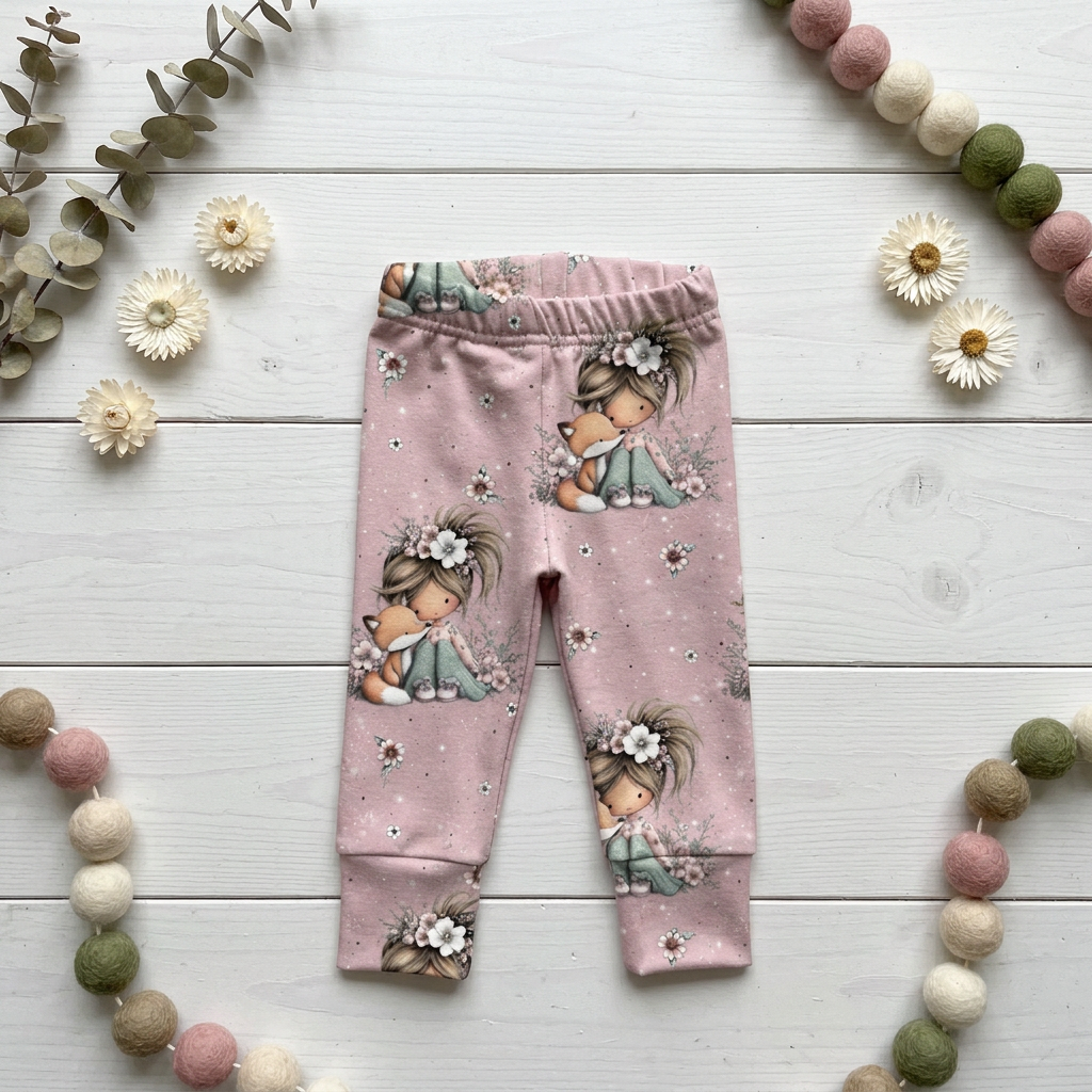 Flatlay rosafarbene Leggings Mädchen und Fuchs mit gemusterten Beinabschlüssen