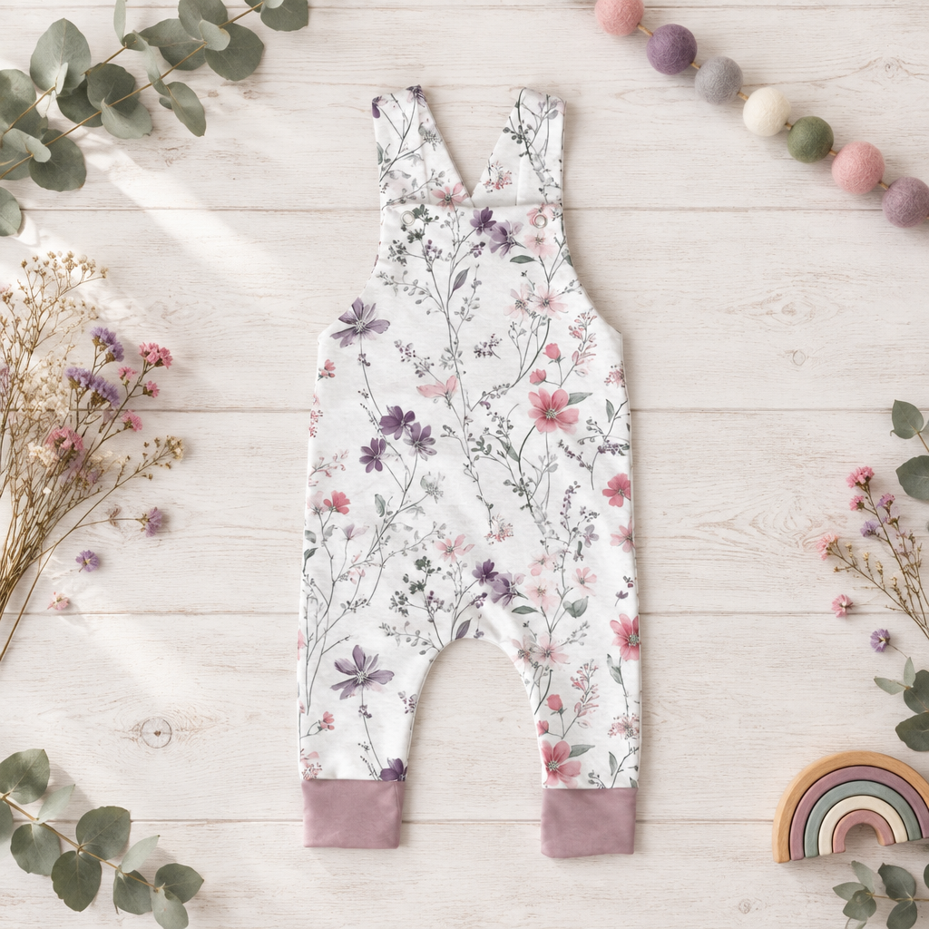 Flatlay der hellen Wildblumen-Latzhose mit altrosafarbenen Bündchen