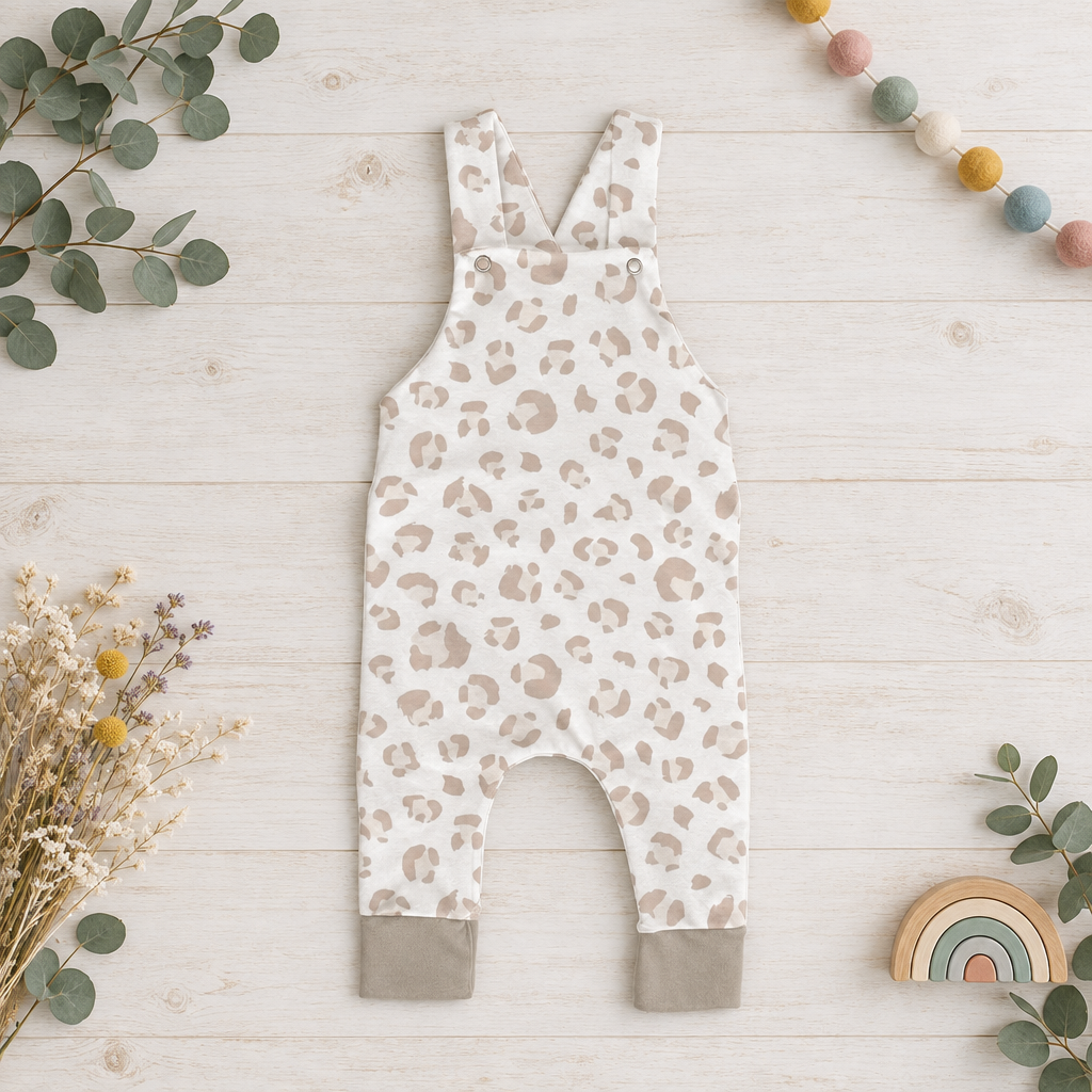 Flatlay der cremeweißen Latzhose mit taupefarbenen Leo-Pünktchen