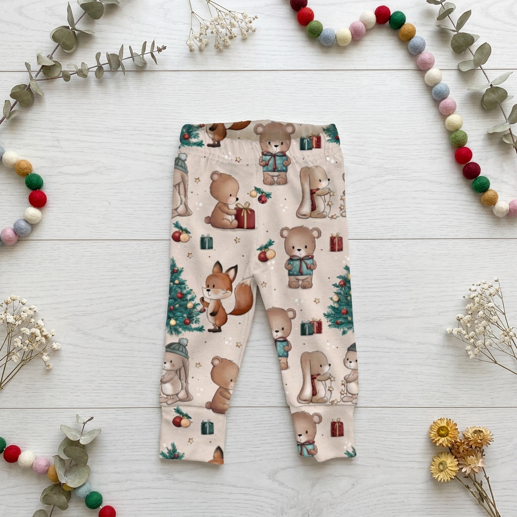Flatlay Leggings Weihnachtliche Waldfreunde mit Bären, Häschen, Füchsen und Weihnachtsbäumen auf Creme