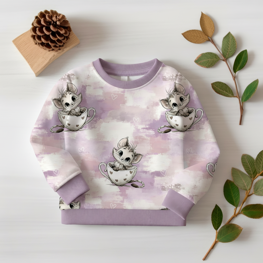 Kätzchen-Tasse-Lavendel-Pullover mit Lavendel-Bündchen 1:1