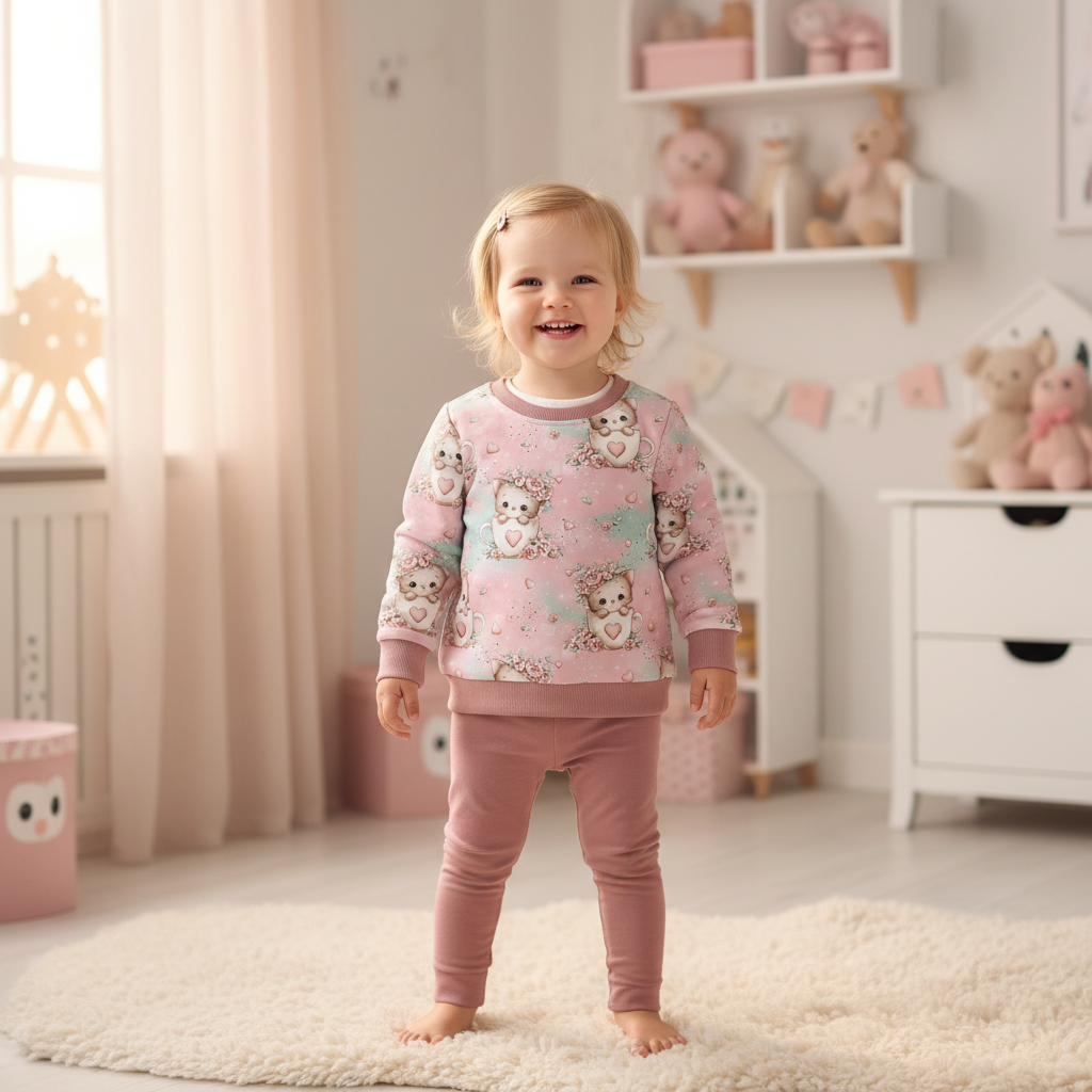 Kätzchen-Tasse-Pullover Mädchen altrosa Hose 1:1