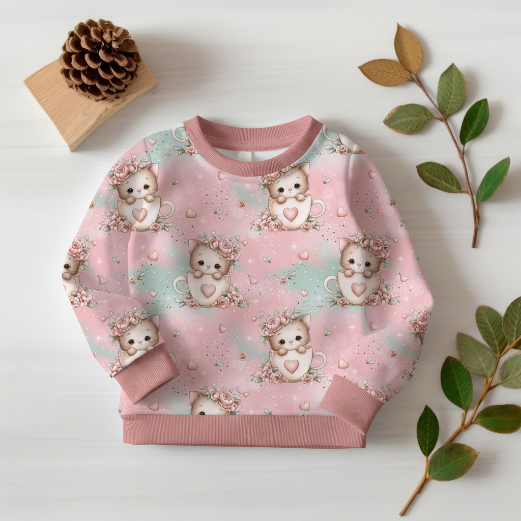 Kätzchen-Tasse-Pullover mit altrosa Bündchen 1:1