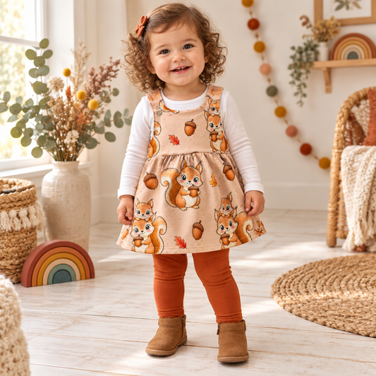 Kind trägt das Eichhörnchen-Latzkleid
