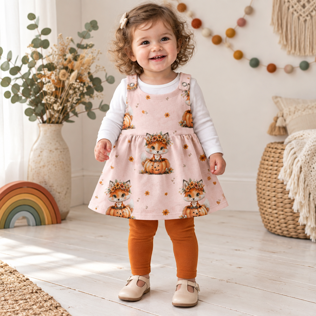 Kind trägt das Fuchs-Kürbis-Latzkleid
