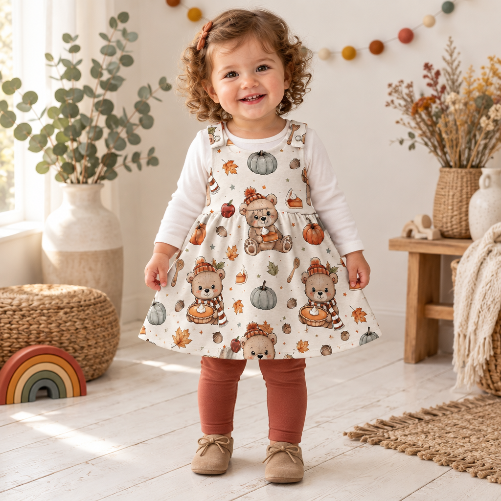 Kind trägt das Herbstbär-Latzkleid