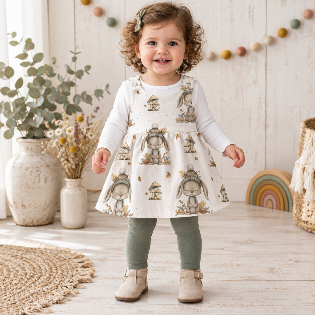 Kind trägt das Herbsthäschen-Latzkleid