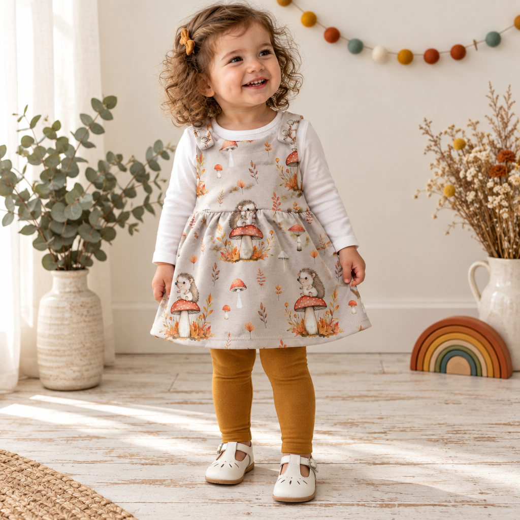 Kind trägt das Igel-Latzkleid