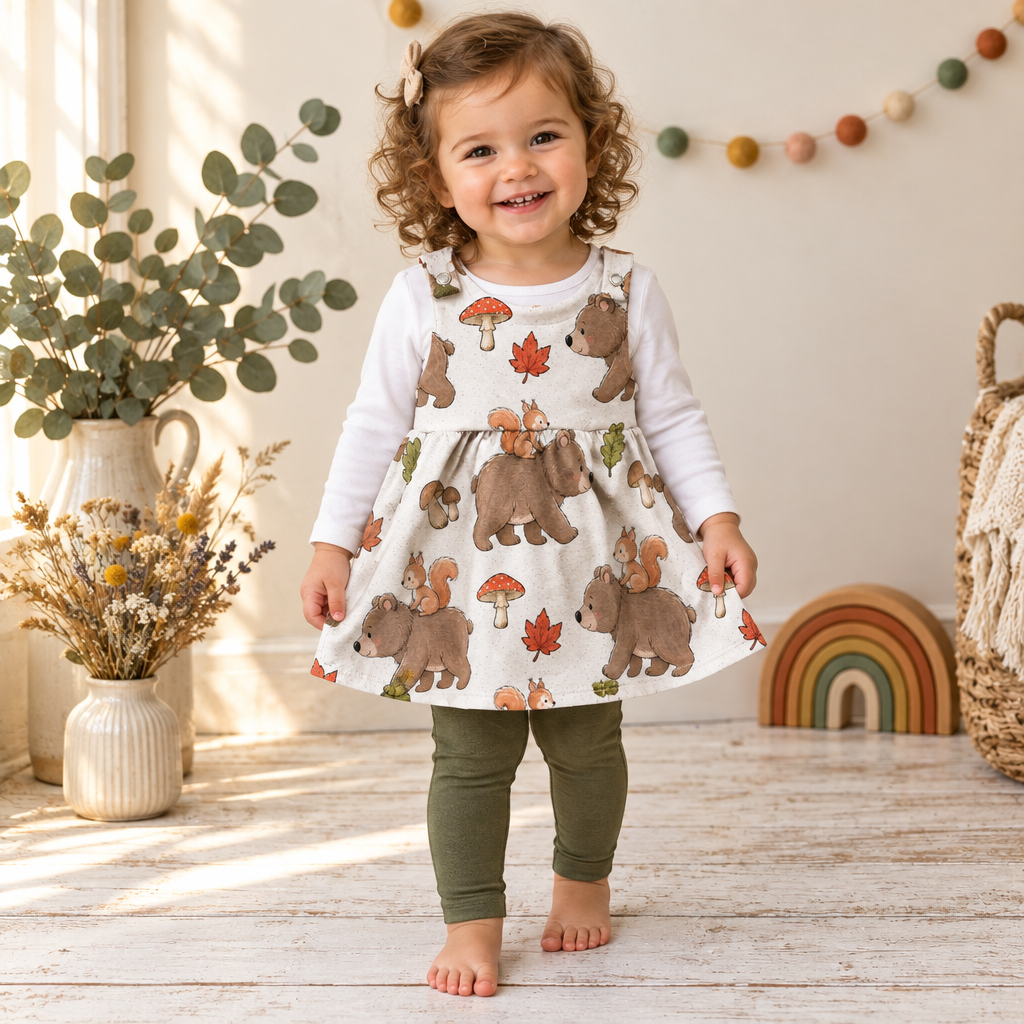 Kind trägt das Latzkleid mit Waldmotiv