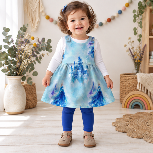 Kind trägt das Märchenschloss-Latzkleid