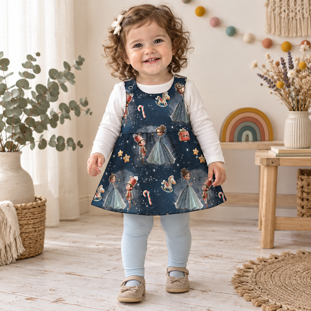 Kind trägt das Nussknacker-Latzkleid
