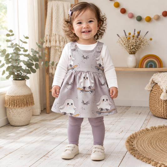 Kind trägt das Skater-Geister-Latzkleid