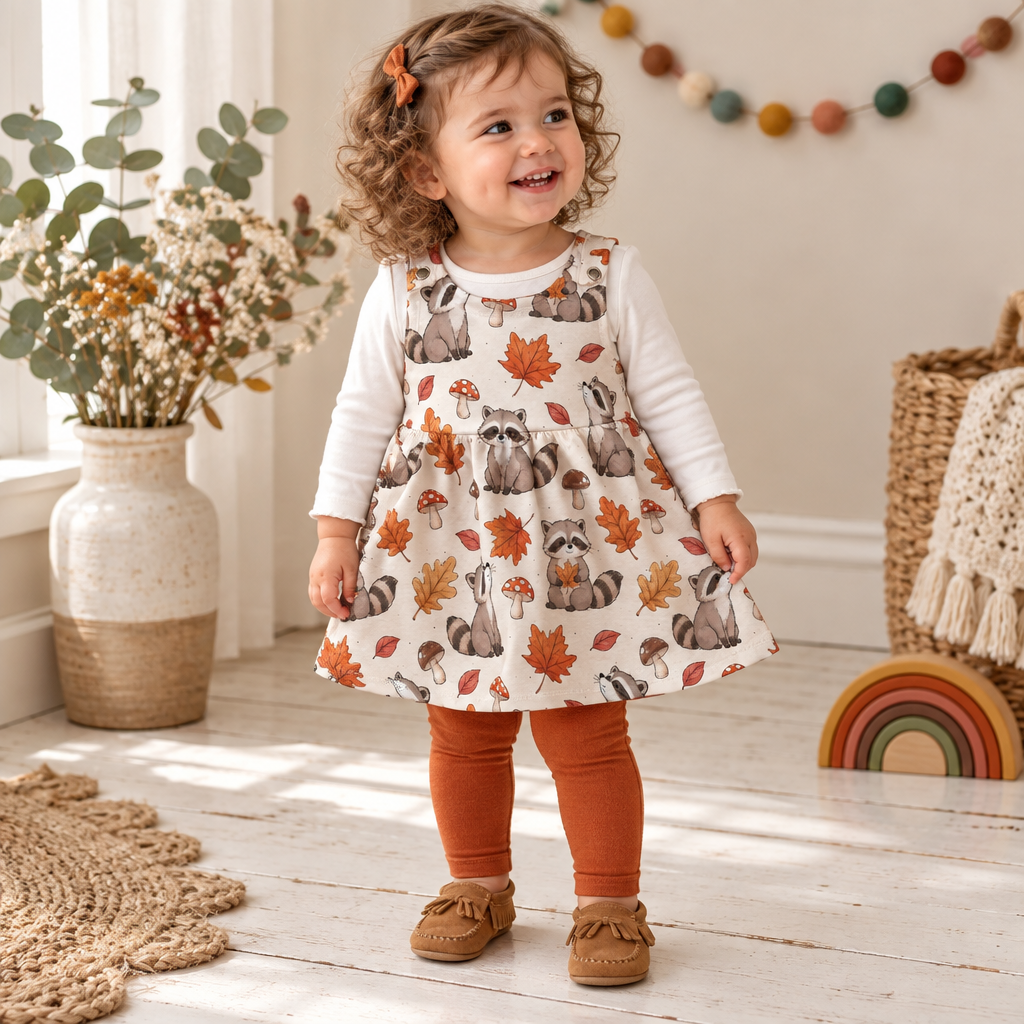 Kind trägt das Waschbär-Latzkleid