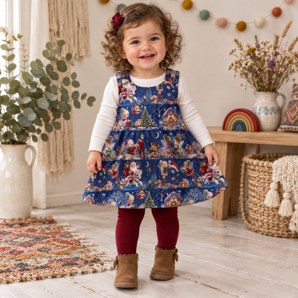 Kind trägt das Wintermärchen-Latzkleid