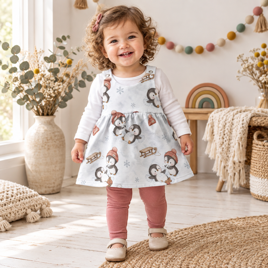 Kind trägt das Winterpinguin-Latzkleid