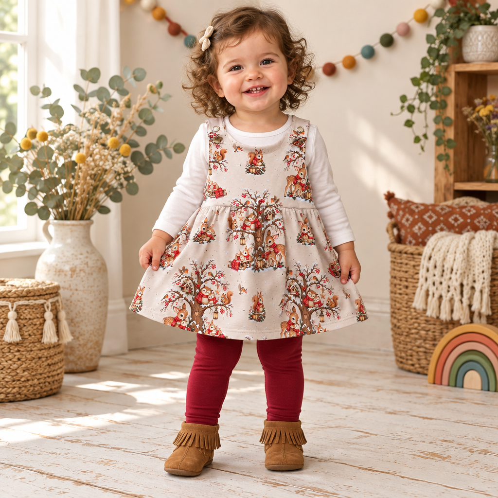 Kind trägt das Winterwald-Latzkleid