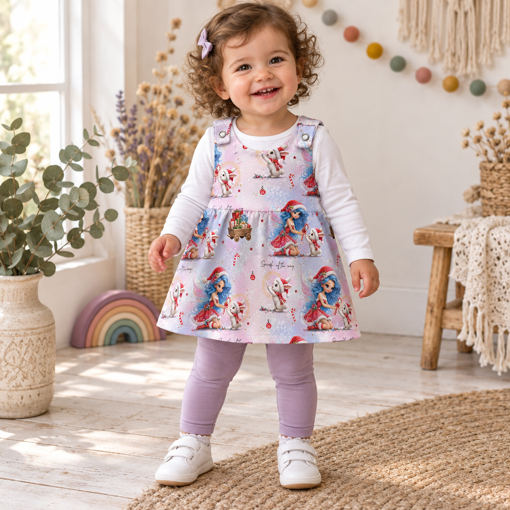 Kind trägt das Winterzauber-Latzkleid
