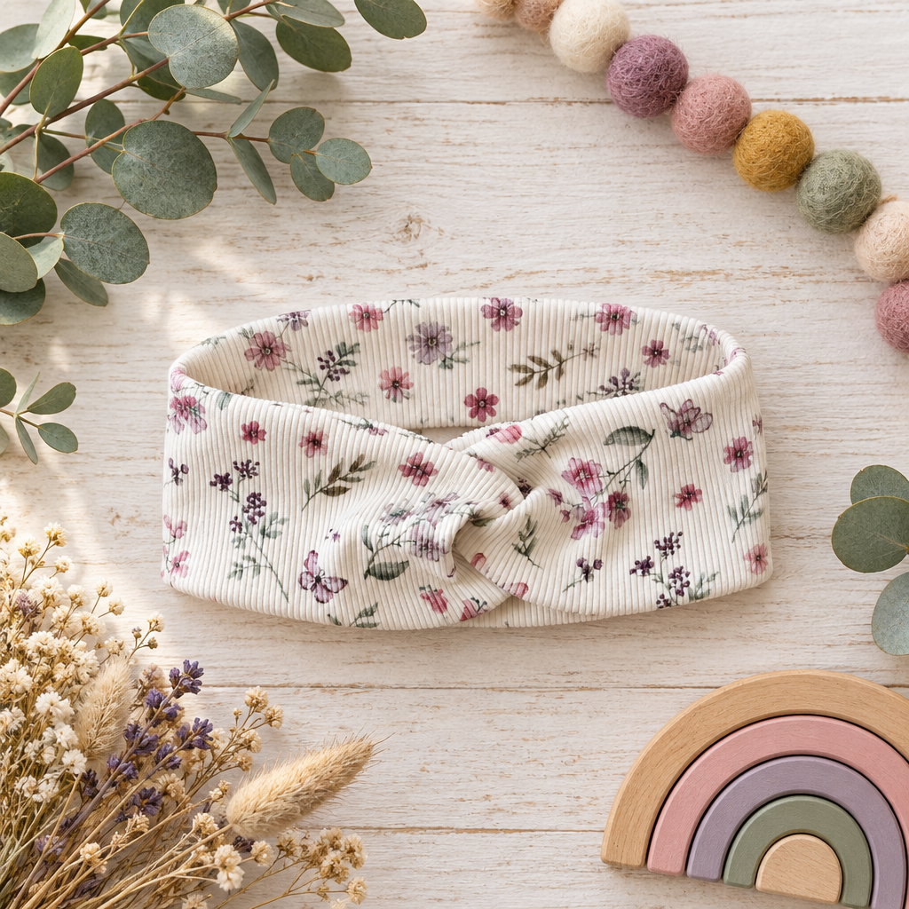 Knotenhaarband aus cremeweißem Rippstoff mit rosé- und fliederfarbenem Blumenmotiv als Flatlay.