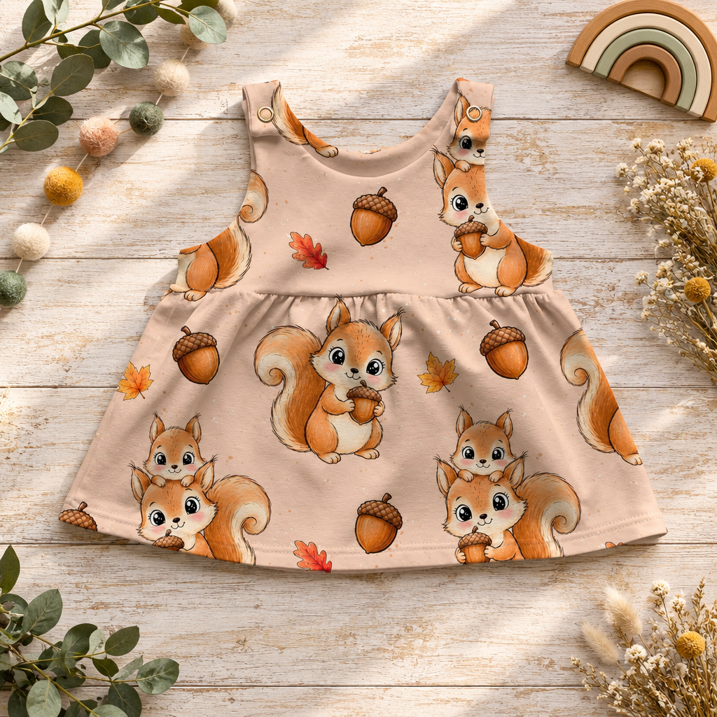 Latzkleid Eichhörnchen als Flatlay