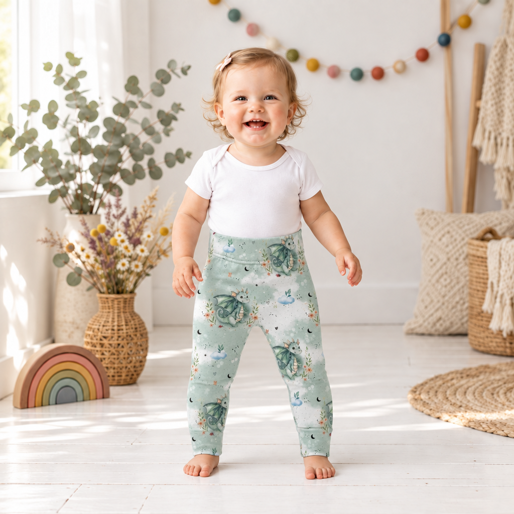 Mädchen trägt Leggings Little Dragon mit weißem Body