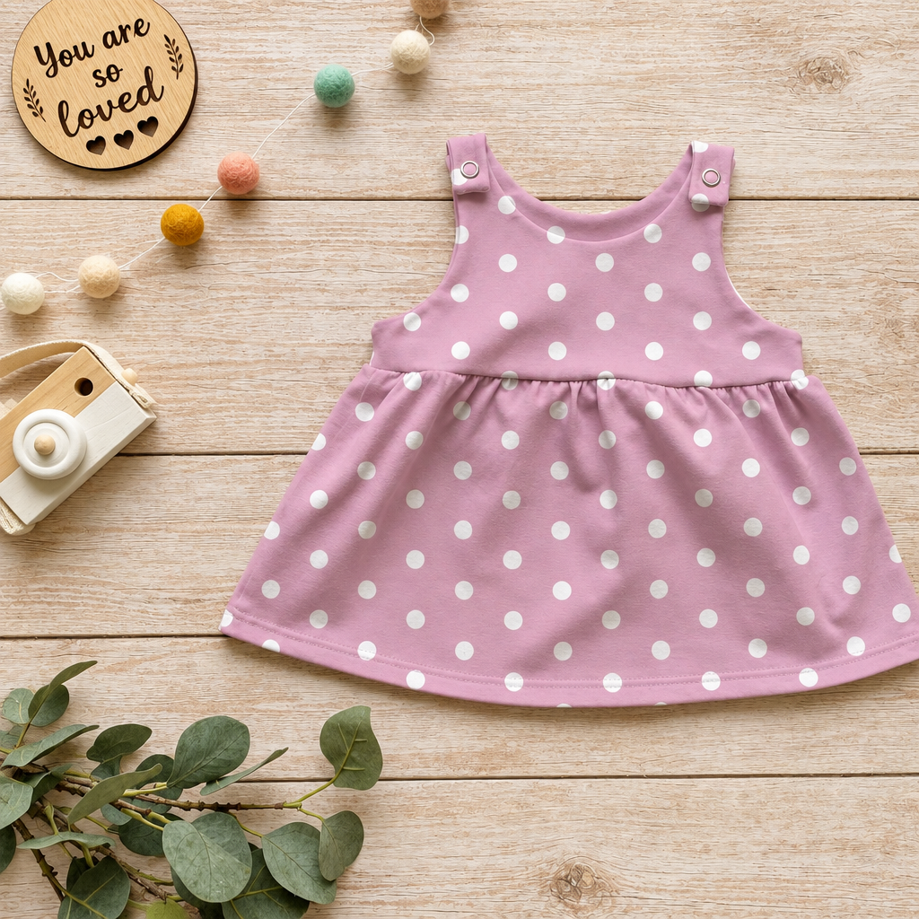Mauve Dots Latzkleid Flatlay