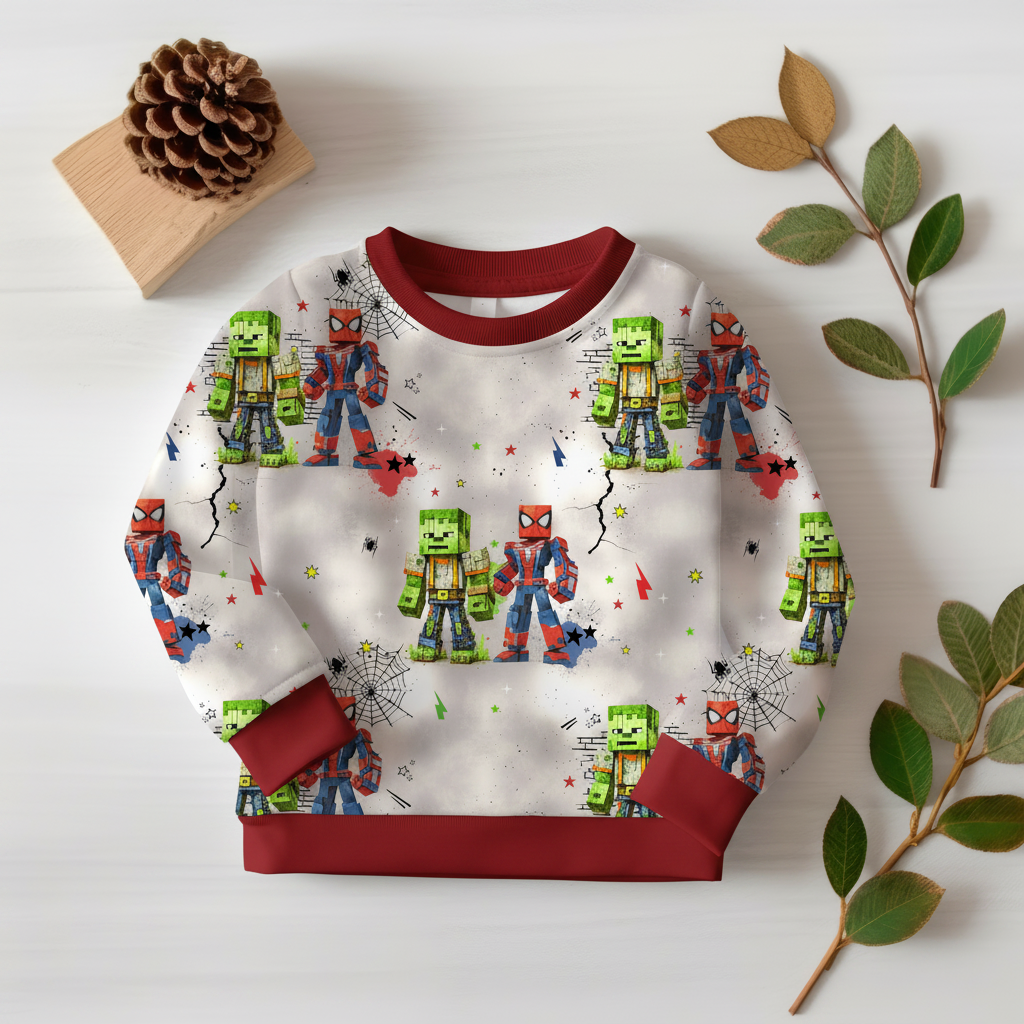 Minecraft-Spiderman-Pullover mit roten Bündchen 1:1