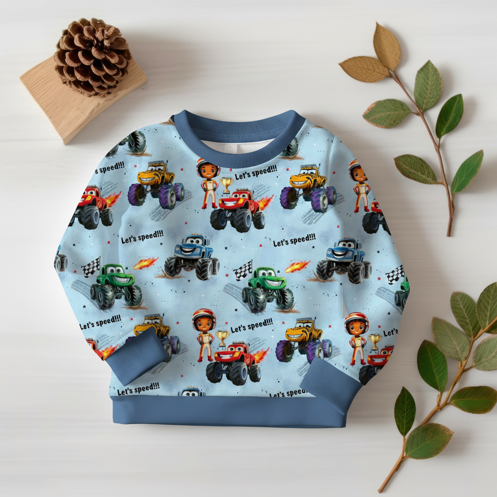 Monster-Truck-Pullover mit blauem Bündchen 1:1
