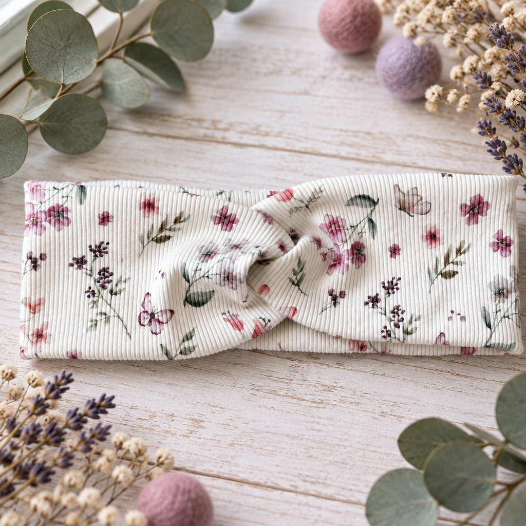 Nahaufnahme des Frontknotens und gerippten Blumenstoffs eines Knotenhaarbandes in Creme, Rosa und Flieder.